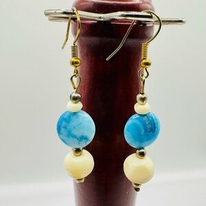 Blue & Cream Agate Stone Dangle Earrings | Natural Beaded Drop Boho Style